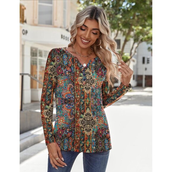 Long Sleeve Women's Shirt V Neck Casual Fall Dressy Blouse Trendy Work - Picture 4 of 6